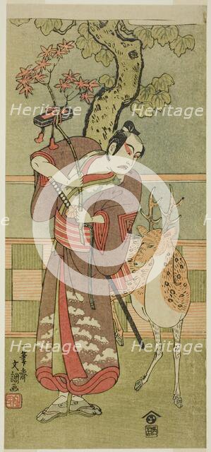 The Actor Ichikawa Yaozo II as Goi no Sho Munesada with a Deer, in the Play Kuni no..., c.1771. Creator: Ippitsusai Buncho.