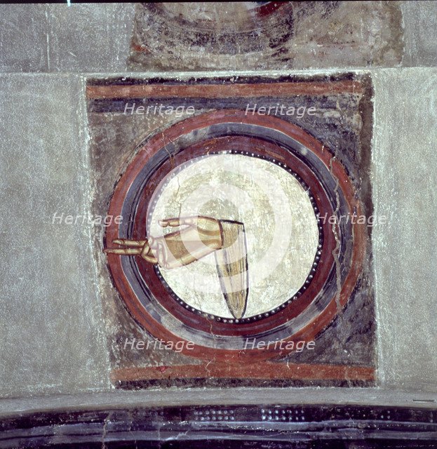 Detail with the hand of God in the apse of the church of Sant Climent de Taüll in the Vall de Boi…