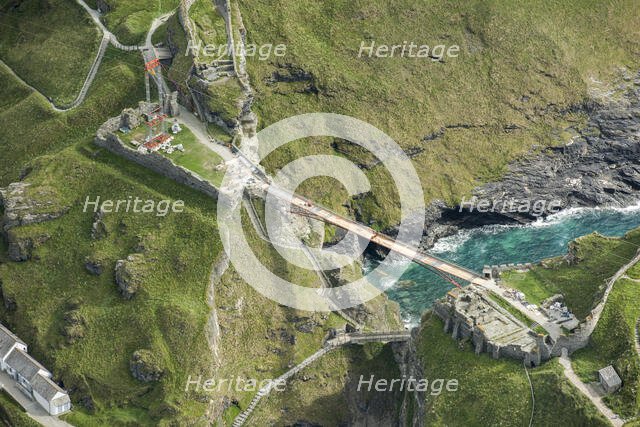 Construction of new Tintagel Castle footbridge, Cornwall, 2019. Creator: Damian Grady.