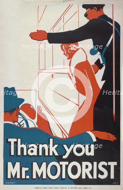 'Thank You Mr Motorist', London County Council (LCC) Tramways poster, 1933. Artist: JS Anderson
