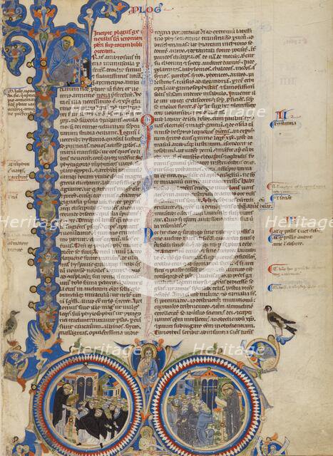 Initial F: Christ with Saints Jerome, Dominic, and Francis; Abbey Bible, about 1250-1262. Creator: Unknown.