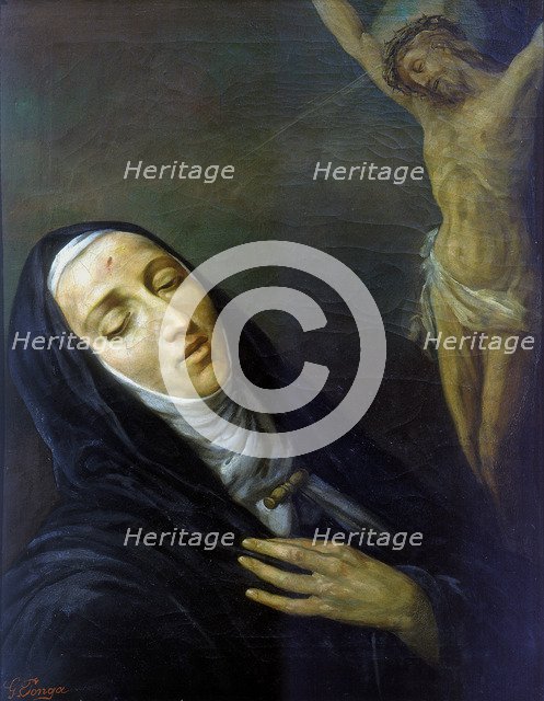 St Rita de Cascia in ecstasy in front of the figure of Christ on the cross, 19th century. Artist: Anon