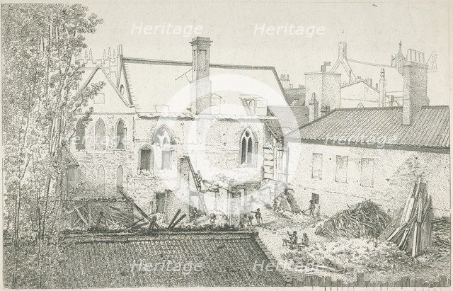 Workmen in a courtyard behind the Prince's Chamber, House of Lords, Westminster, London, 1807. Artist: John Thomas Smith.