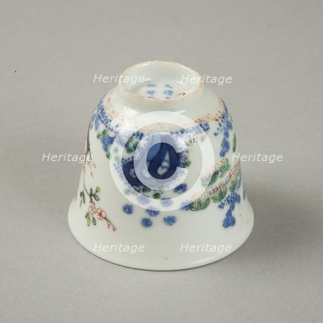 Underglaze blue month cup with polychrome enamelled decoration of a prunus tree. Artist: Unknown.