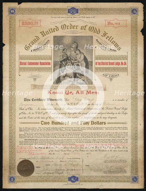 Certificate of endowment for the Grand United Order of Odd Fellows, October 15, 1908. Creator: Unknown.