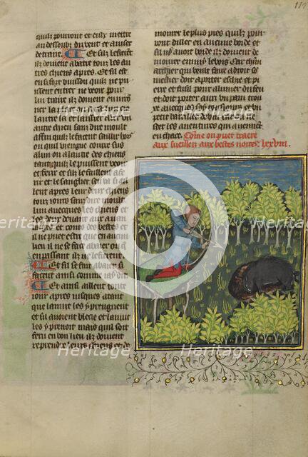 An Archer on a Platform Shooting at a Wallowing Wild Boar; Livre de la Chasse, about 1430-1440. Creator: Unknown.