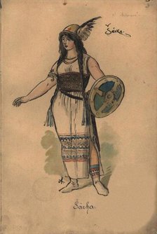 Sarka. Costume design for the opera Sarka by Zdenek Fibich, 1897. Creator: Ales, Mikolas (1852-1913).