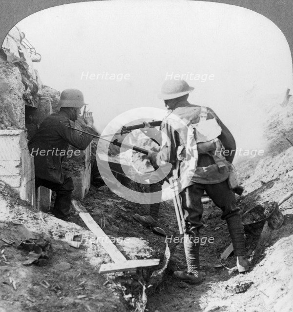 The capture of a German machine-gunner, Croisilles, France, World War I, c1917-c1918. Artist: Realistic Travels Publishers