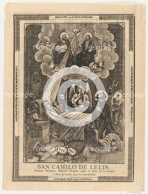 Broadsheet with Saint Camilo de Lelis in bed surrounded by demons, priests and the ..., ca. 1900-10. Creator: Anon.