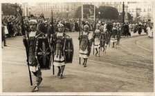 Parade of the Roman guard 'Armats' on Easter procession passing through the Catalonia square in B…