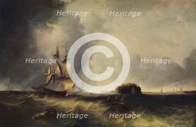 'A ship, and men in a rowing boat off Calais', c1830, (1938). Artist: Unknown.