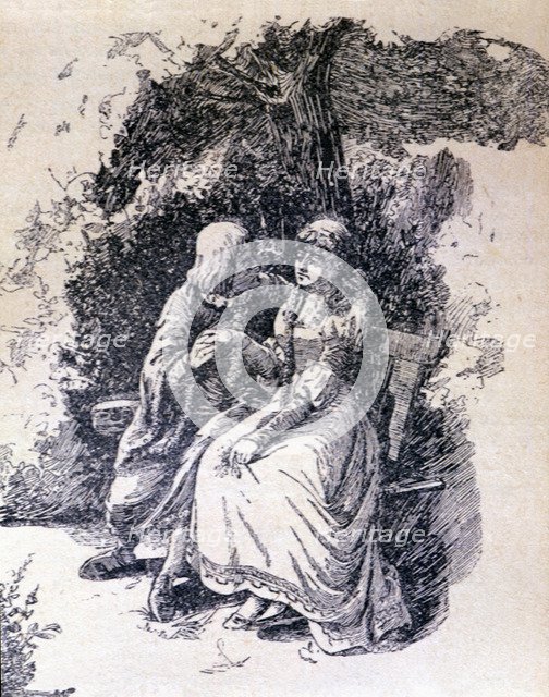 La Celestina, 1883, engraving with Calixto and Melibea under the tree.