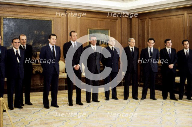 Juan Carlos I. (1938 -), King of Spain, at the Zarzuela Palace with the 4th government of Preside…