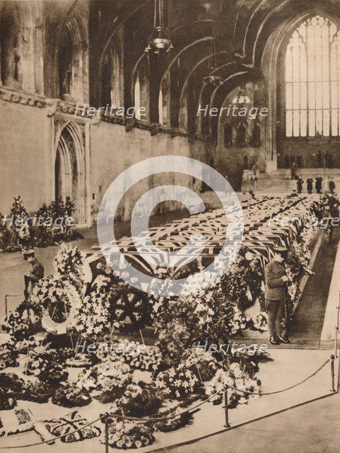 The victims of the R101 airship disaster lying in state in Westminster Hall, London, 1930 (1935). Artist: Unknown.