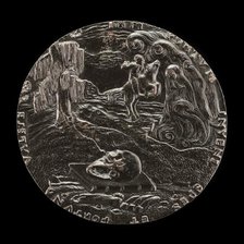 Book, Skull, Bones, and Rider in Landscape [reverse], 1526. Creator: Master M.P..