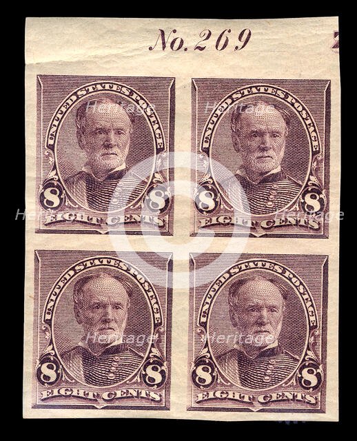 8c William T. Sherman proof plate block of four, March 21, 1893. Creator: American Bank Note Company.