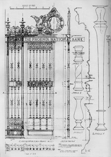 Detail drawing of the main entrance door grille, Phoenix National Bank, 1924. Artist: Unknown.