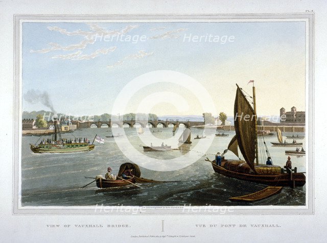 Water craft on the River Thames with Vauxhall Bridge in the distance, London, 1821.                  Artist: Robert Havell