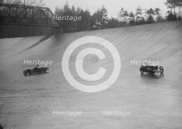 MG M type and Riley 9 Brooklands racing at a BARC meeting, Brooklands, Surrey, 1931 Artist: Bill Brunell.