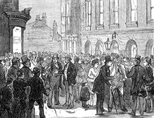 Metropolitan Boroughs election sketches: waiting for the declaration of the poll, 1874. Creator: Unknown.