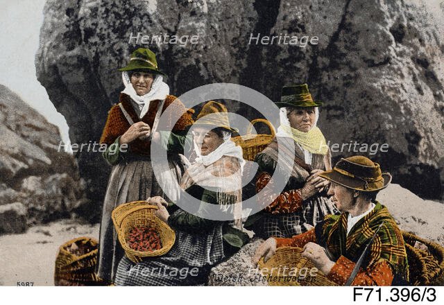 'Welsh Fisherwomen' on beach, Welsh costume postcard, c1890s. Creator: Unknown.