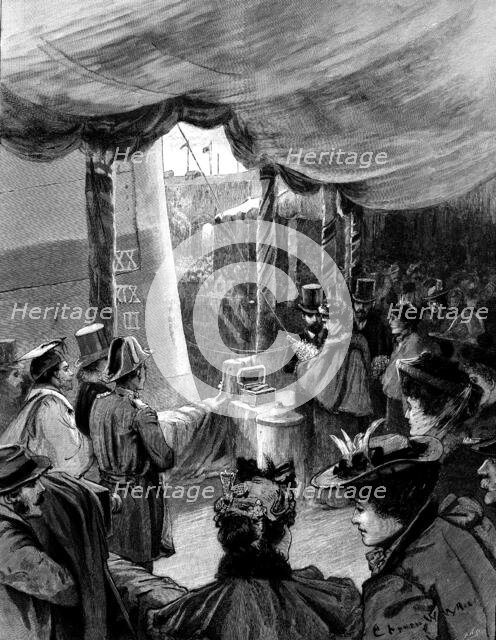 Floating of H.M.S. "Majestic" at Portsmouth, January 31: Princess Louise christening the ship, 1895. Creator: P Naumann.