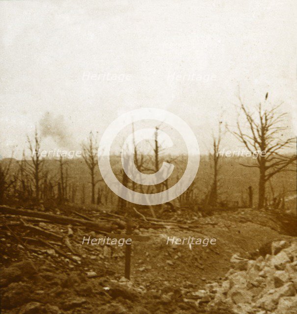 Graves and bombardment, Fleury, France, c1914-c1918. Artist: Unknown.