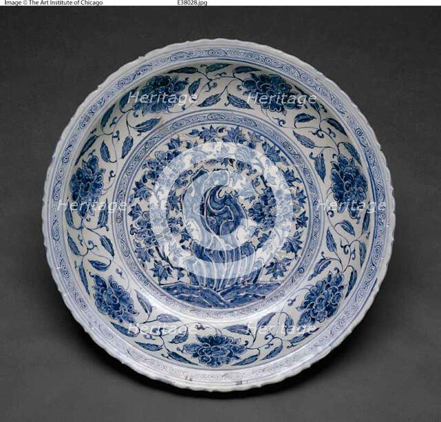 Large Foliate Dish with Garden Rock and Plants, Ming dynasty, late 15th/early 16th century. Creator: Unknown.