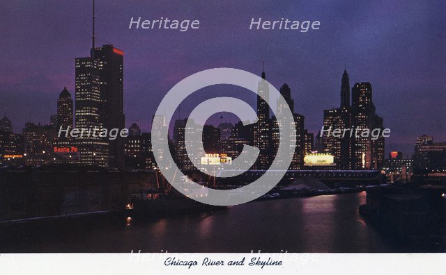Chicago River and city skyline at night, Illinois, USA, 1957. Artist: Unknown
