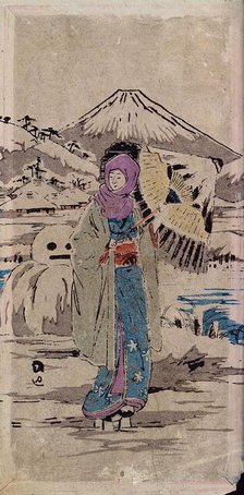 A Japanese woman standing in the snow, between 1800 and 1899. Creator: Unknown.