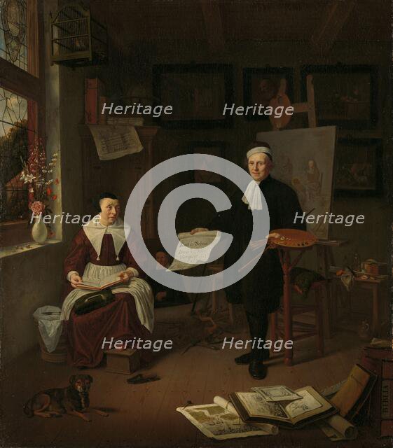 Portrait of Michiel Comans (1614-1687), calligrapher, etcher, painter and schoolmaster, with his thi Creator: Michiel van Musscher.