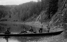 A Land-Management Expedition Boat by the Shore of the Mrassu River, 1913. Creator: GI Ivanov.