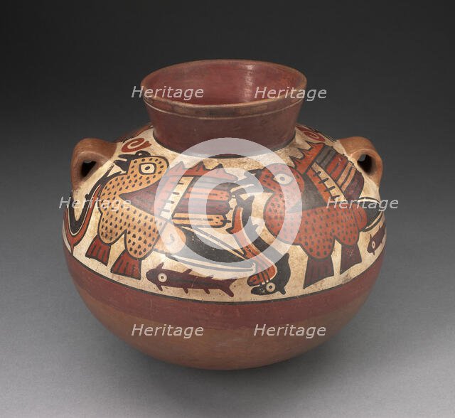 Handled Jar Depicting Birds Catching Fish, 180 B.C./A.D. 500. Creator: Unknown.