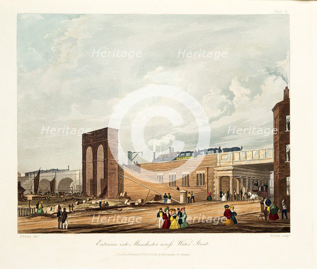 Entrance into Manchester Across Water Street, published 1831 (hand coloured engraving)