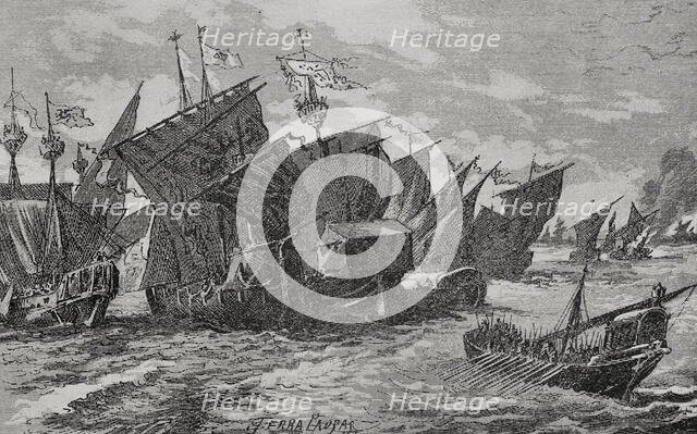 Naval battle in front of Alghero between Catalans, Venetians, Genoese and Sardinians, 1890. Creator: Joan Serra y Pausas.