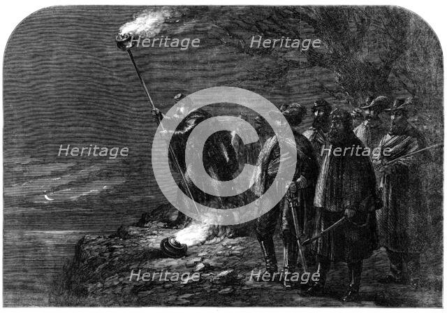 The War in America: a night alarm in the Federal camp - signalling from the right bank..., 1862. Creator: Unknown.