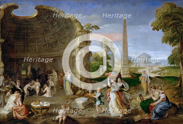 Landscape with antique ruins and bathing women.