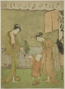Two Women with Boy in Front of Powder Shop, c. 1770/71. Creator: Shiba Kokan.