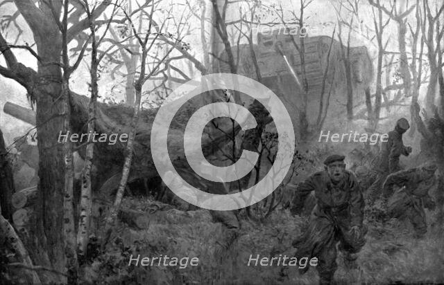 British Offensive in Cambrai; German Gunners Surprised by a Tank, 1917. Creator: J Simont.