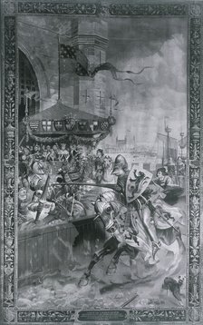 Solemn Joust on London Bridge, late 15th century, (1886). Artist: Richard Beavis