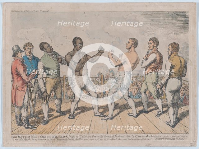 The Battle Between Cribb and Molineaux, September 28, 1811, October 3, 1811., October 3, 1811. Creator: George Cruikshank.