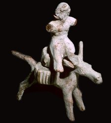 Greek terracotta figure of a man seated on three cheese on top of a mule, Corinthian. Artist: Unknown