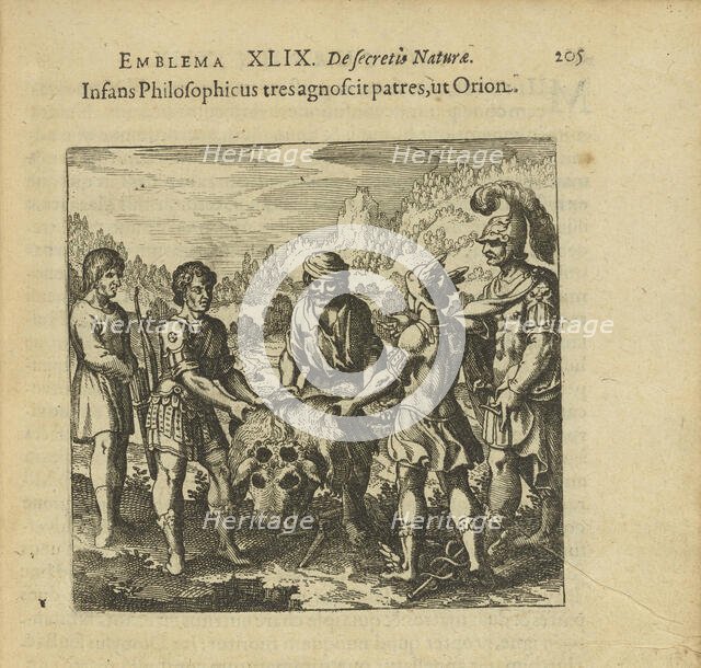 Emblem 49. The philosophical child recognizes three fathers, like Orion, 1816. Creator: Merian, Matthäus, the Elder (1593-1650).