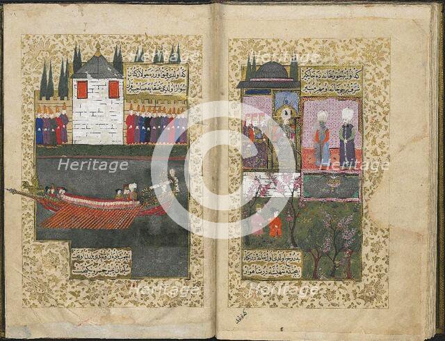 The new kiosk and caique built by Osman II, from Sehname-i Nadiri (Topkapi Palace Museum..., c.1622. Creator: Turkish Master.