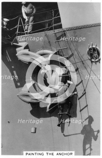 Painting the anchor of the aircraft carrier HMS 'Courageous', 1937. Artist: Unknown