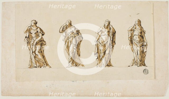 Design for a Funerary Monument: Four Draped Mourning Female Figures, n.d. Creators: John Michael Rysbrack, Sir James Thornhill.