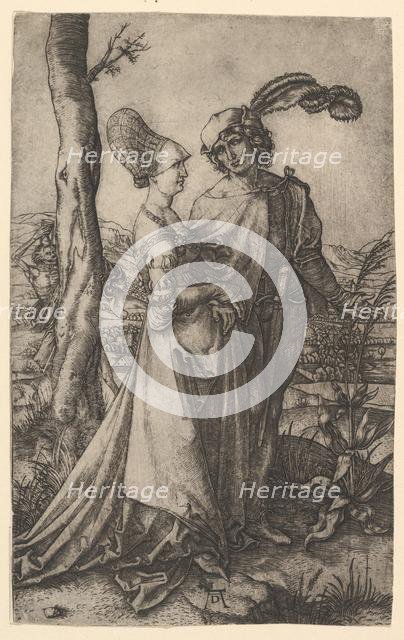 Lord and lady walking with figure of death hiding behind a tree, holding an hourg..., ca. 1500-1534. Creator: Marcantonio Raimondi.