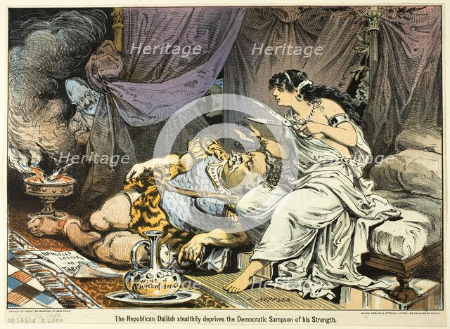 The Republican Dalilah Stealthily deprives the Democratic Sampson ..., published November 10, 1880. Creator: Joseph Keppler.