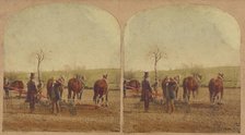 Two men in field with an agricultural machine hooked up to a team of horses, about 1865. Creator: Unknown.