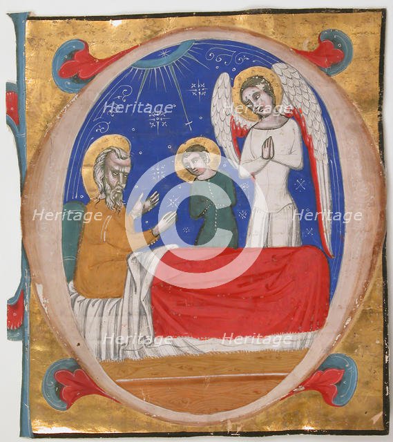 Manuscript Illumination with Tobit, Tobias, and the Archangel Raphael in an Initial O..., mid-14th c Creator: Unknown.